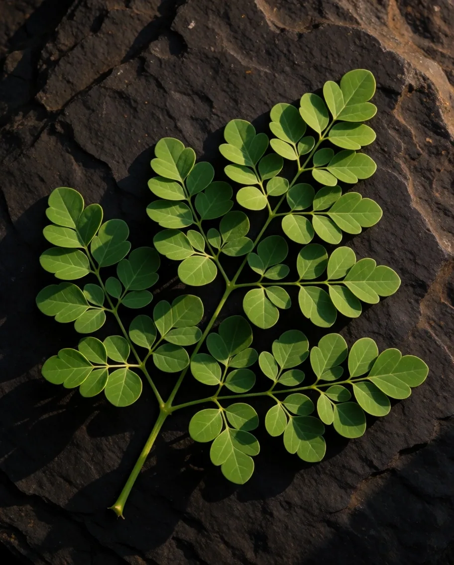 Moringa leaves arranged as a specimen plate on dark stone